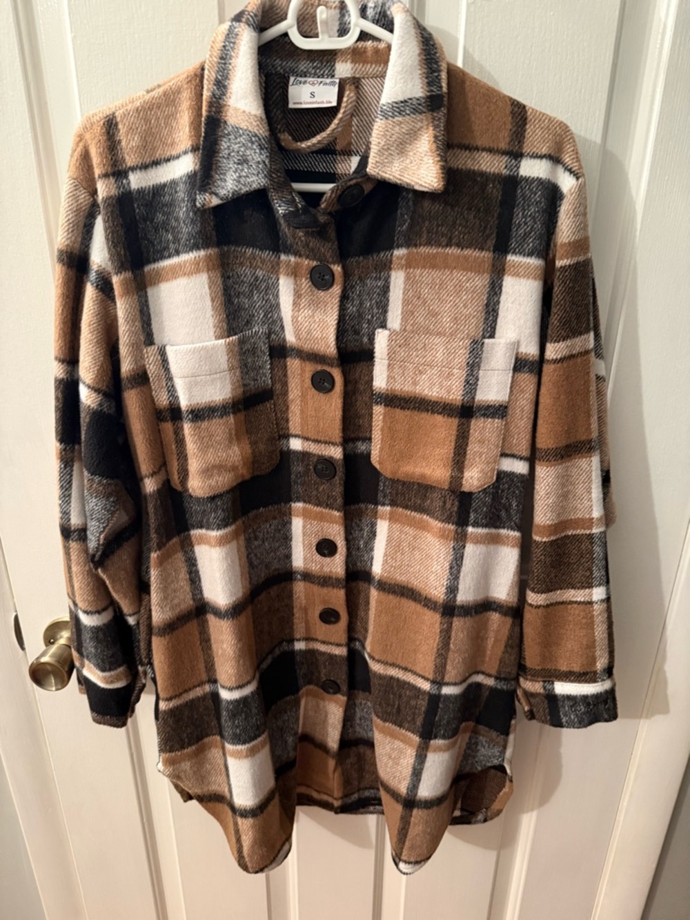 Love In Faith Plaid Button-Up Shacket - Camel/Black/White.   NWOT